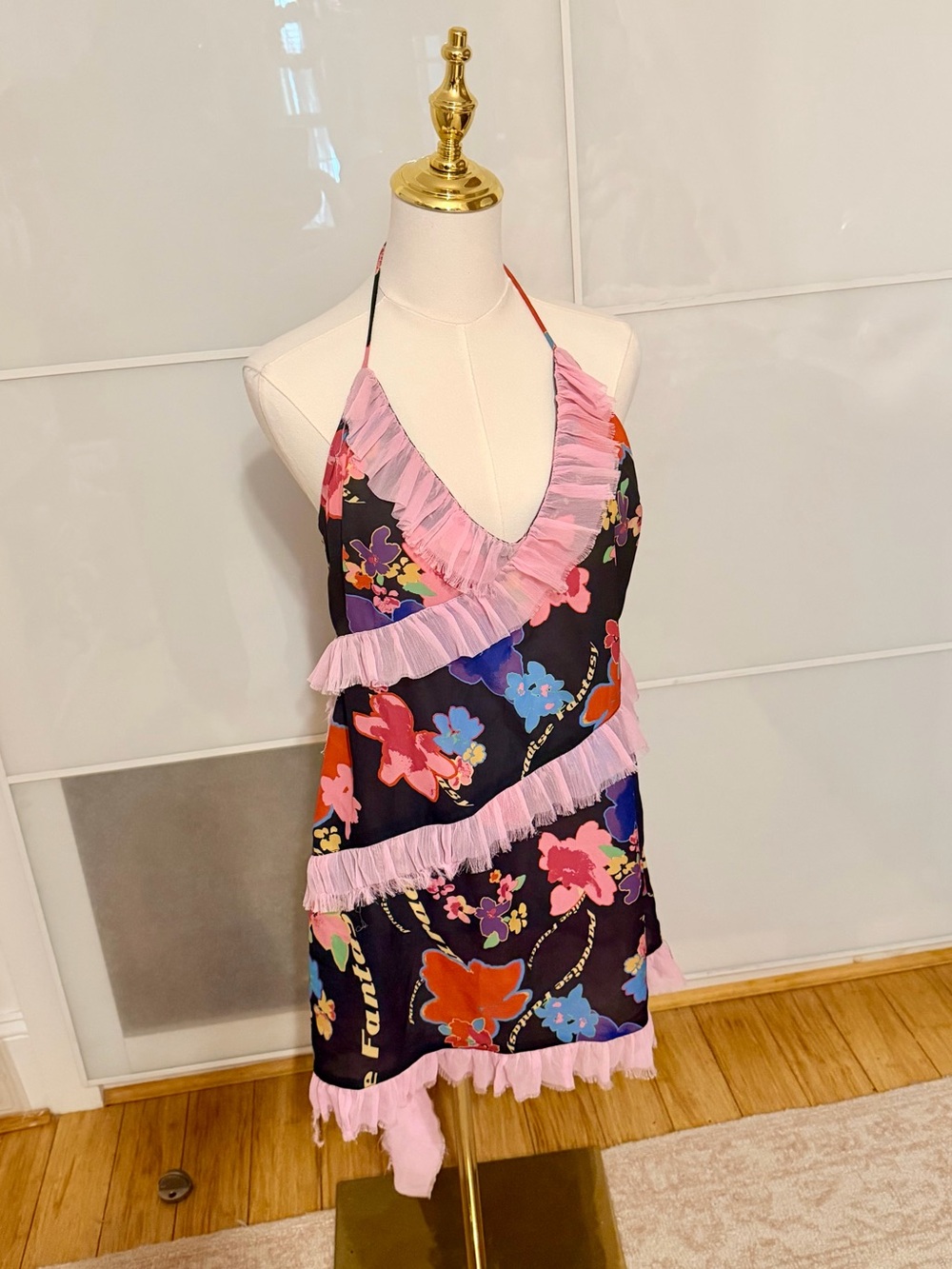 ASOS Black Floral Halter Mini Dress with Pink Ruffle Trim
